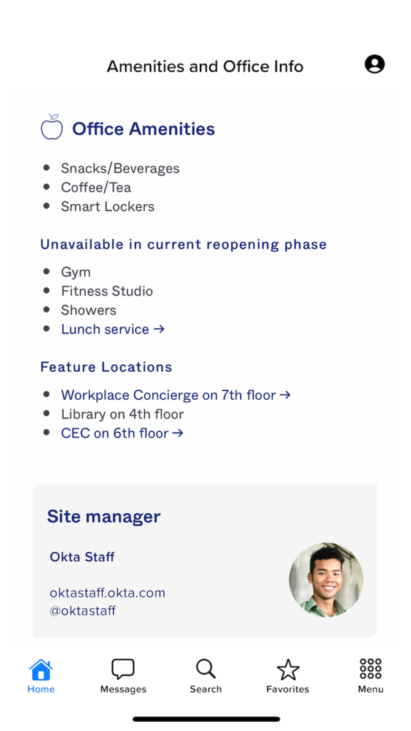  Screen Capture of Okta App -Amenities and Office Info workdesign article 05_03_22