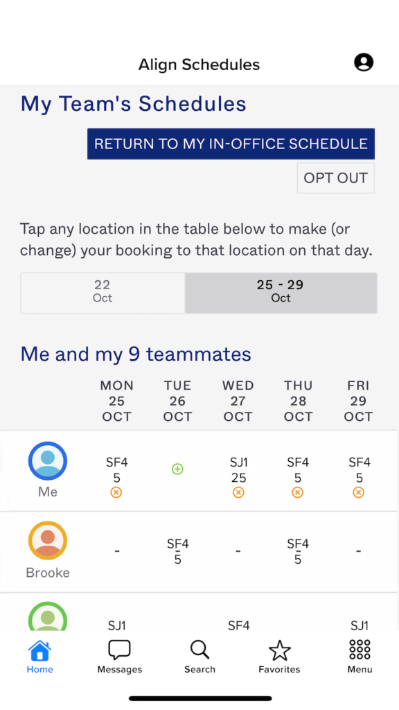 Screen capture view img of desk-reservations/scheduling functionality in the Okta App. Img used in 05-03-22 Work Design Article. Article written by Ana Sanchez
